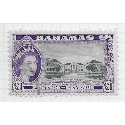 BAHAMAS 1954 QE2 PARLIAMENT BUILDINGS £1 TOP VALUE USED SG216 216 SG