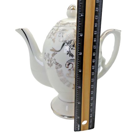 Vintage Tea Pot K-600 White Porcelain 25th Anniversary Floral Silver Trim Japan