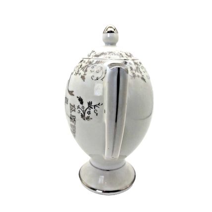 Vintage Tea Pot K-600 White Porcelain 25th Anniversary Floral Silver Trim Japan
