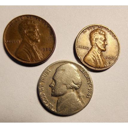 Lot of 9 Coins 2 Steel 1943 Pennies 3 Jefferson Nickels 1941-54 4 Wheat Pennies