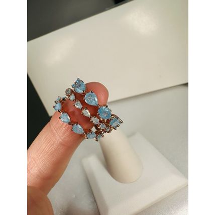 Bomb Party Ring Jewelry Sz7 3Pc Band Set Lot Bundle Blue Ice Crystal Rose Gold P