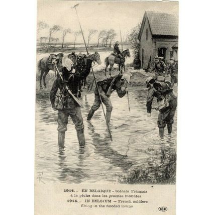 1914 POSTCARD Belgium "French Soldiers Fishing in the Flooded towns" unposted