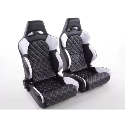 FK Pair Universal Car Van 4x4 Bucket Sports Seats - Quilted Stitch Black White