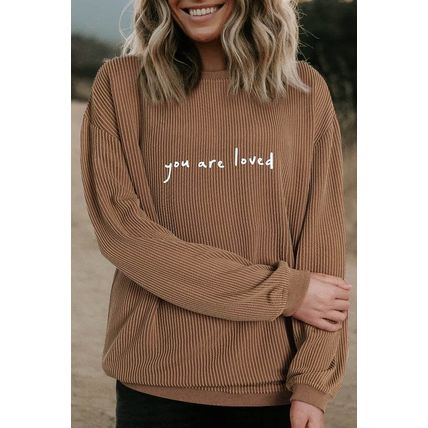 Khaki You Are Loved Print Corduroy Sweatshirt