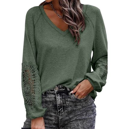 Green Crochet Lace Patch Raglan Sleeve Top