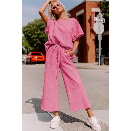 Strawberry Pink Textured Loose Fit T Shirt and Drawstring Pants Set