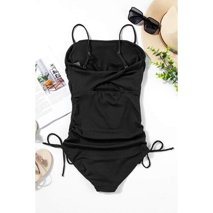 Black Ribbed Drawstring Sides Cutout One Piece Swimsuit