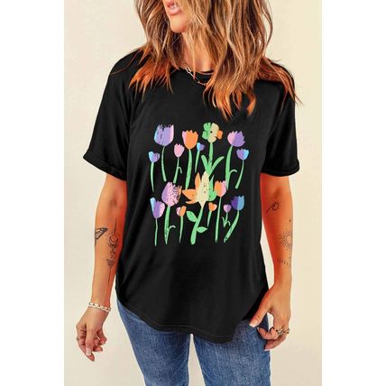 Black Floral Print Crewneck T Shirt
