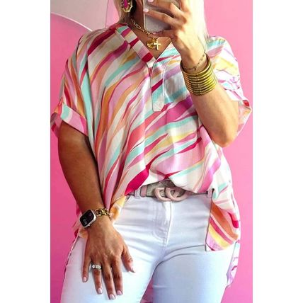 White Abstract Print Short Sleeve Notched Neck Plus Size Top
