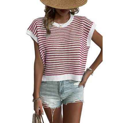 Red Stripe Ribbed Trim Loose Fit Knitted Sweater Vest