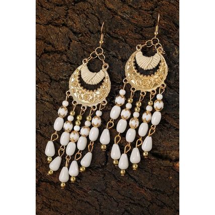 White Boho Beaded Tassel Alloy Charm Earrings