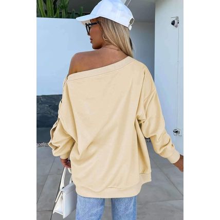Beige Buttoned Sleeve Dropped Shoulder Sweatshirt