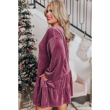Meadow Mauve Plus Size Textured Velvet Tiered Button V Neck Dress