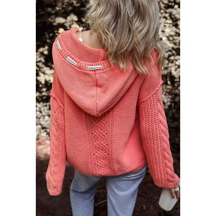 Gold Flame Cable Knit V Neck Contrast Drawstring Hooded Sweater