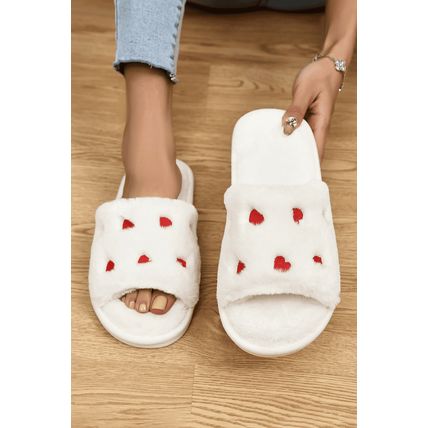 White Valentines Heart Embroidered Fuzzy Winter House Slippers