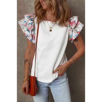 White Abstract Print Tiered Ruffled Sleeve Textured Knit Top