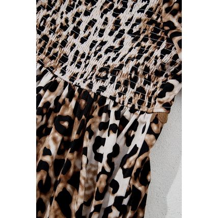 Brown Leopard Print Bubble Sleeve Square Neck Maxi Dress