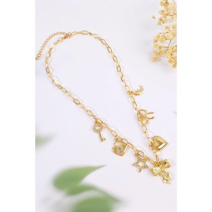Gold Bow Heart Star Key Charm Alloy Adjustable Chain Necklace
