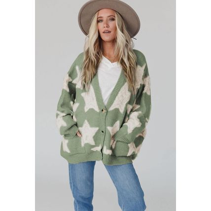 Green Sherpa Star Pattern Textured Sweater Cardigan with Pockets