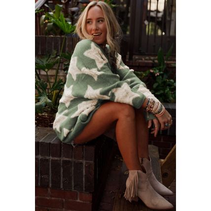 Green Sherpa Star Pattern Textured Sweater Cardigan with Pockets
