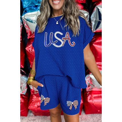 Sky Blue Sequined USA Bowknot Buttoned Back Textured Short Set