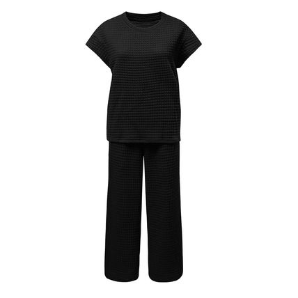 Black Solid Color Textured Short Sleeve Top and Casual Pants Set