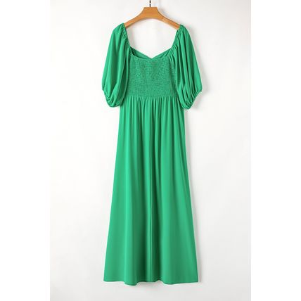Bright Green Ruched Front Puff Sleeve Plus Size Long Dress
