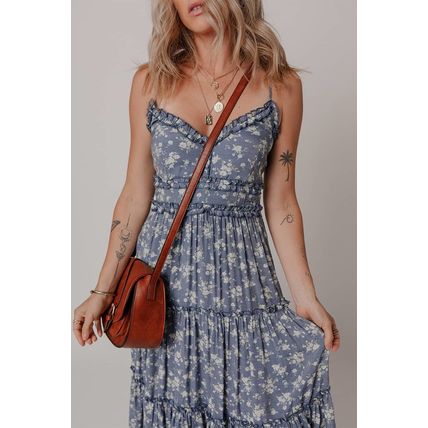 Blue Floral Spaghetti Strap Frilled V Neck Tiered Midi Dress