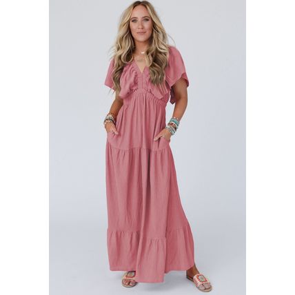 Rose Pink Textured V Neck Flutter Sleeve Ruffled Maxi Dress
