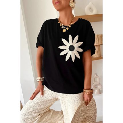 Black Contrast Crochet Floral Graphic Drop Shoulder Loose Tee