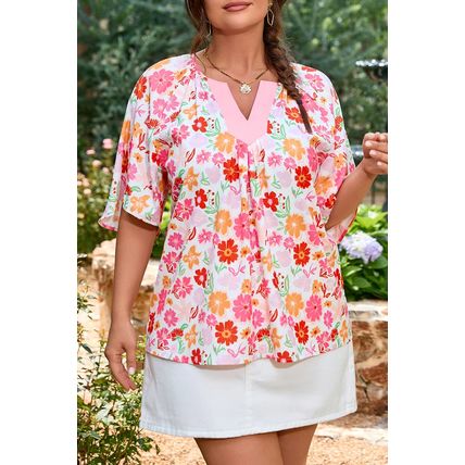 White Floral Split V Neck Wide Short Sleeve Plus Size Blouse Top