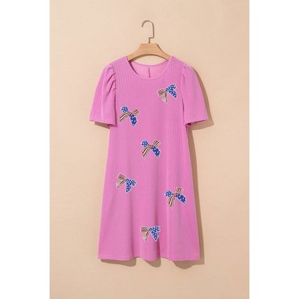 Bright Pink Flag Pattern Inspired Sequin Bow Spiral Ribbed Puff Sleeve T Shirt D