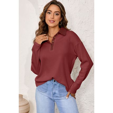 Red Dahlia Solid Color Long Sleeve Thermal Knit Polo Collar Patchwork Top