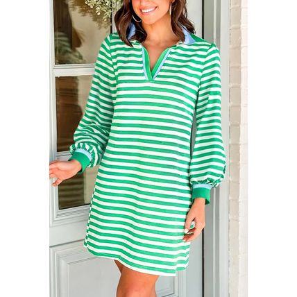 Green Striped Contrast Collar Split Neck Long Sleeve Mini Dress