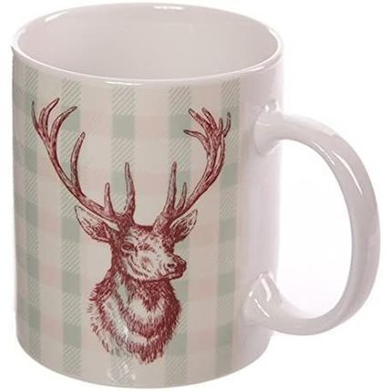 Stag Mug Bone China Ceramic with Tartan Background 9.5 CM