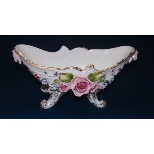 Lefton white oval bowl applied pink roses flowers vintage excellent condition