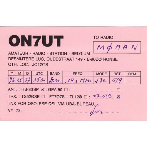 Belgian Amateur Radio QSL Card ON7UT Ronse Belgium 1996 Desmijtere