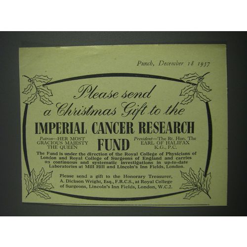 1957 Imperial Cancer Research Fund Ad - Please send a Christmas gift
