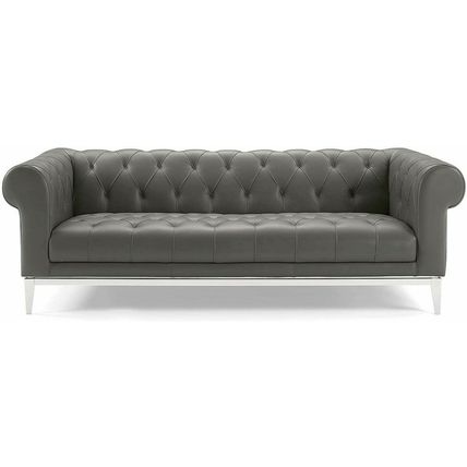 Chesterfield Sofa Genuine Top Grain Soft Gray or Tan Leather Diamond Tufted