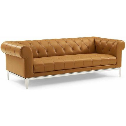 Chesterfield Sofa Genuine Top Grain Soft Gray or Tan Leather Diamond Tufted