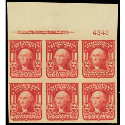 320, Mint VLH 2¢ Top Margin Plate Block of Six * Stuart Katz
