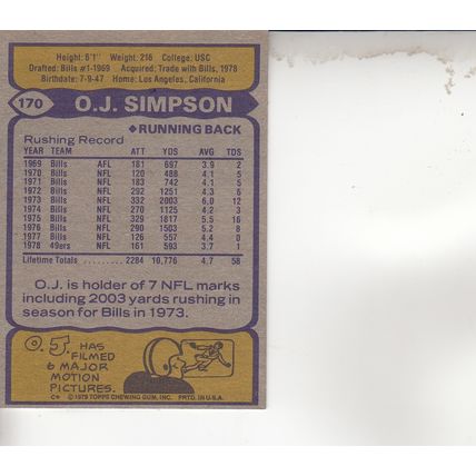 O.J. SIMPSON 1979 AUTOGRAPHED SAN FRANCISCO 49ERS HALL OF FAME RUNNING BACK CARD