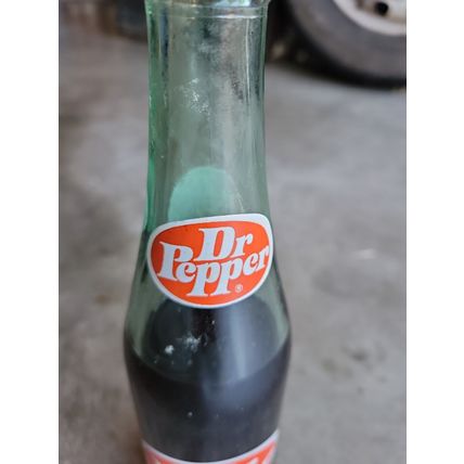 Dr Pepper Green Glass 1980 Partially Full 10 Oz Reno NV Painted Label Rusty NOS