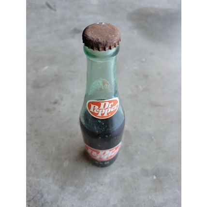 Dr Pepper Green Glass 1980 Partially Full 10 Oz Reno NV Painted Label Rusty NOS