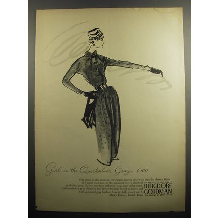 1957 Bergdorf Goodman Dress by Harvey Berin Ad - Girl in the Quicksilver Gray