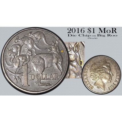 Australia 2016 $1 MoR - Die Chip on Big Kangaroo (Neck) - Circulated