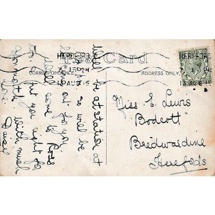Genealogy postcard sent to Miss E LEWIS, Bredwardine, HEREFORDSHIRE, 1916