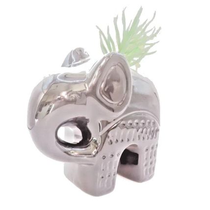 Ceramic Black Elephant Figurine/Ornament 13 CM with Faux Plastic Plants Gift