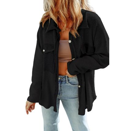 Black Contrast Flap Pockets Relaxed Shacket