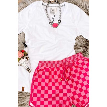 Rose Checkered Drawstring Elastic Waist Casual Shorts